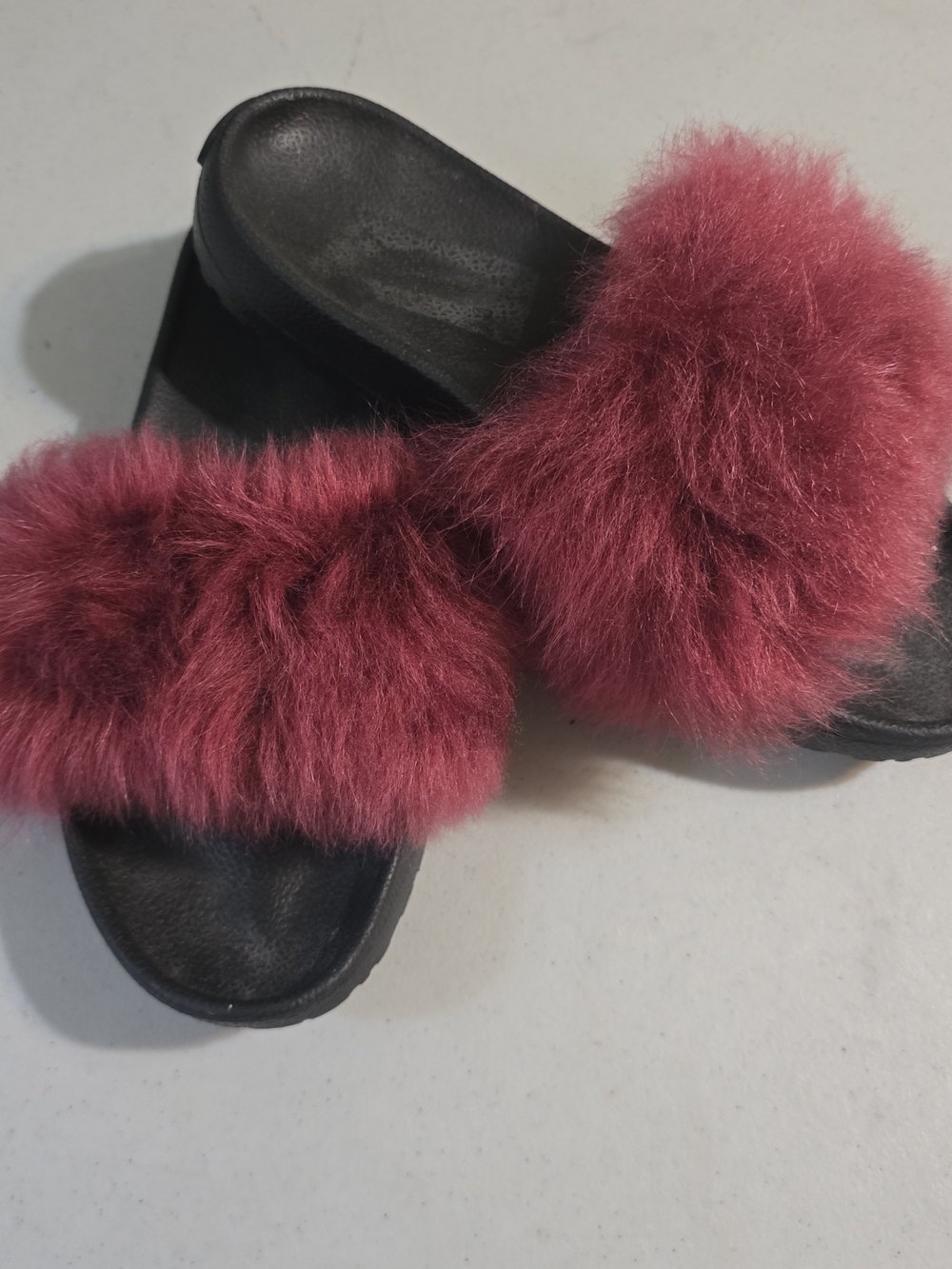 UGG Women's Black Slide Sandals with Burgundy Faux Fur Strap